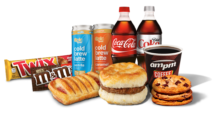 Snacks like cookies, Twix, M&M's, danishes, epic goods cold brew lattes, a sausage biscuit, Coke, Diet Coke and a 12oz coffee
